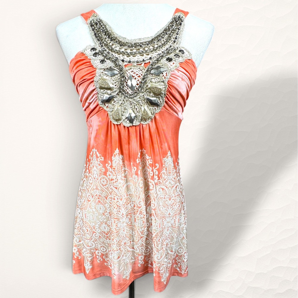 Venus Embellished Tank Top Womens Small Coral Boho Beaded Paisley